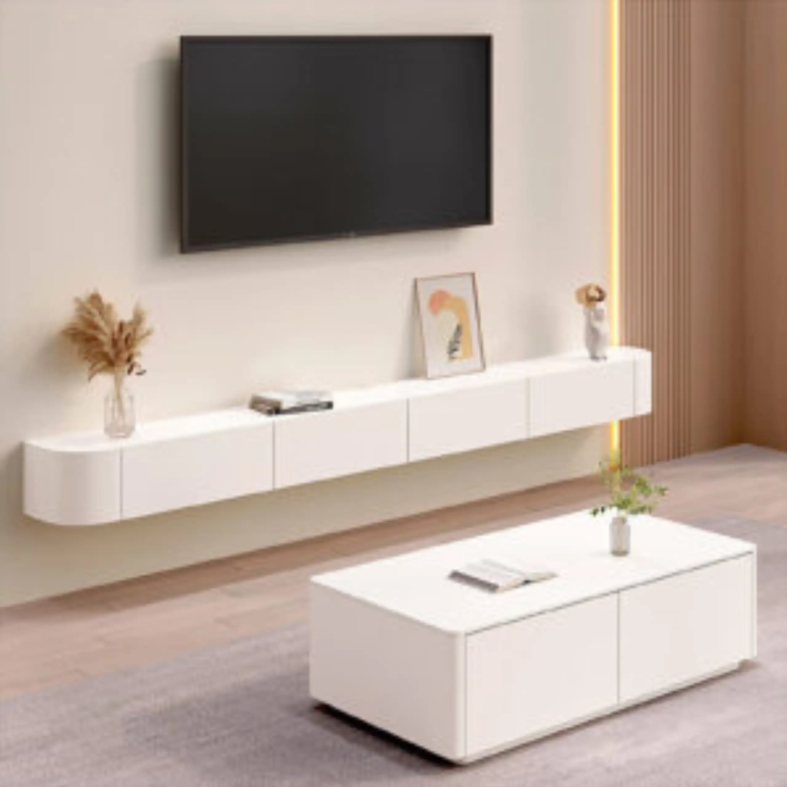Modern Wall-Mounted TV Stand with Hidden Storage & LED